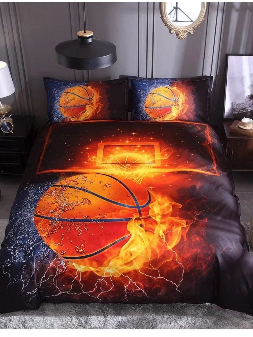 Flaming Basketball Print Bedding duvet set - Orange/black/blue. Queen